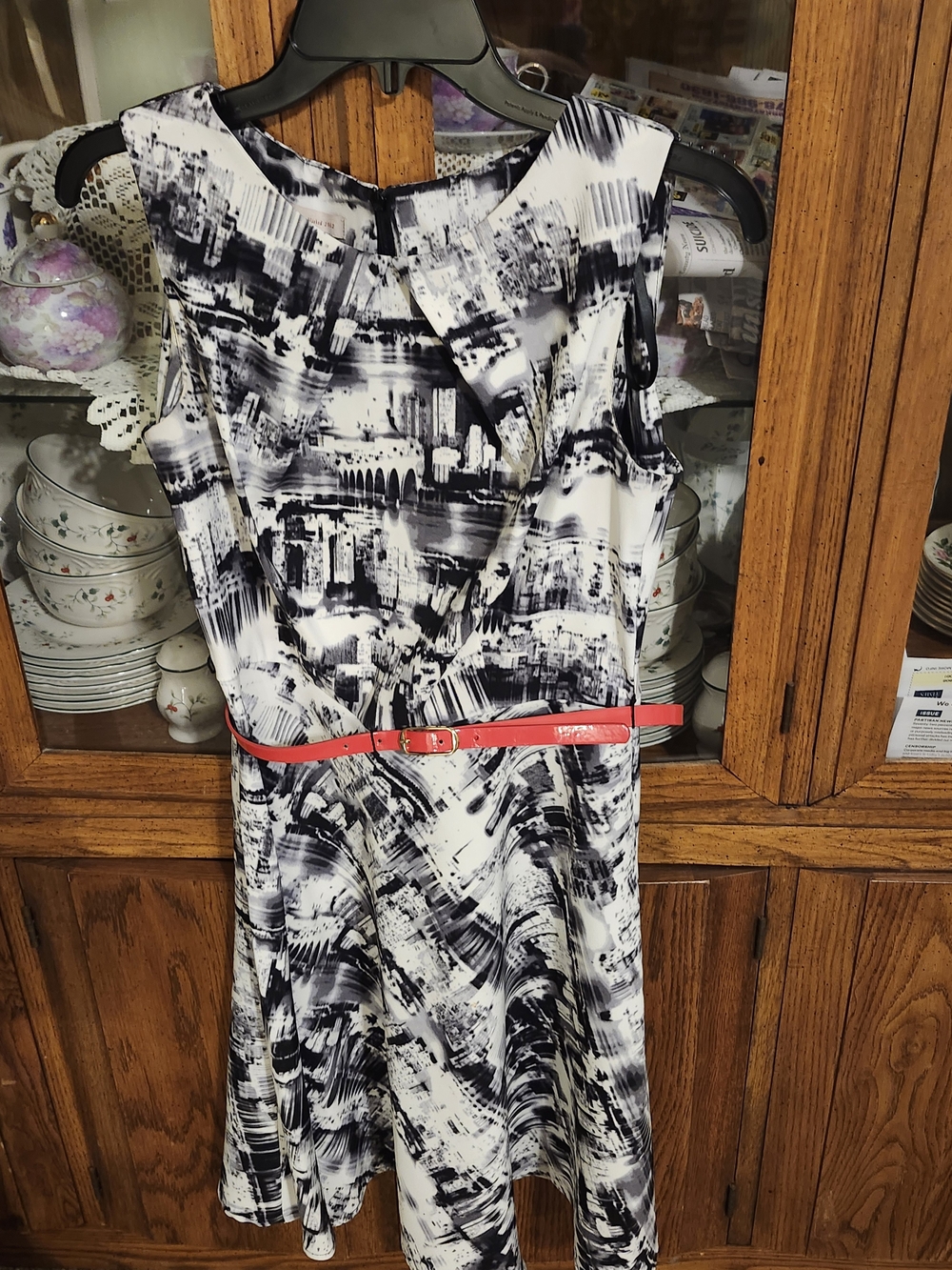 CB Sleeveless Black & White Printed Fit-and-Flare Dress with Red Belt